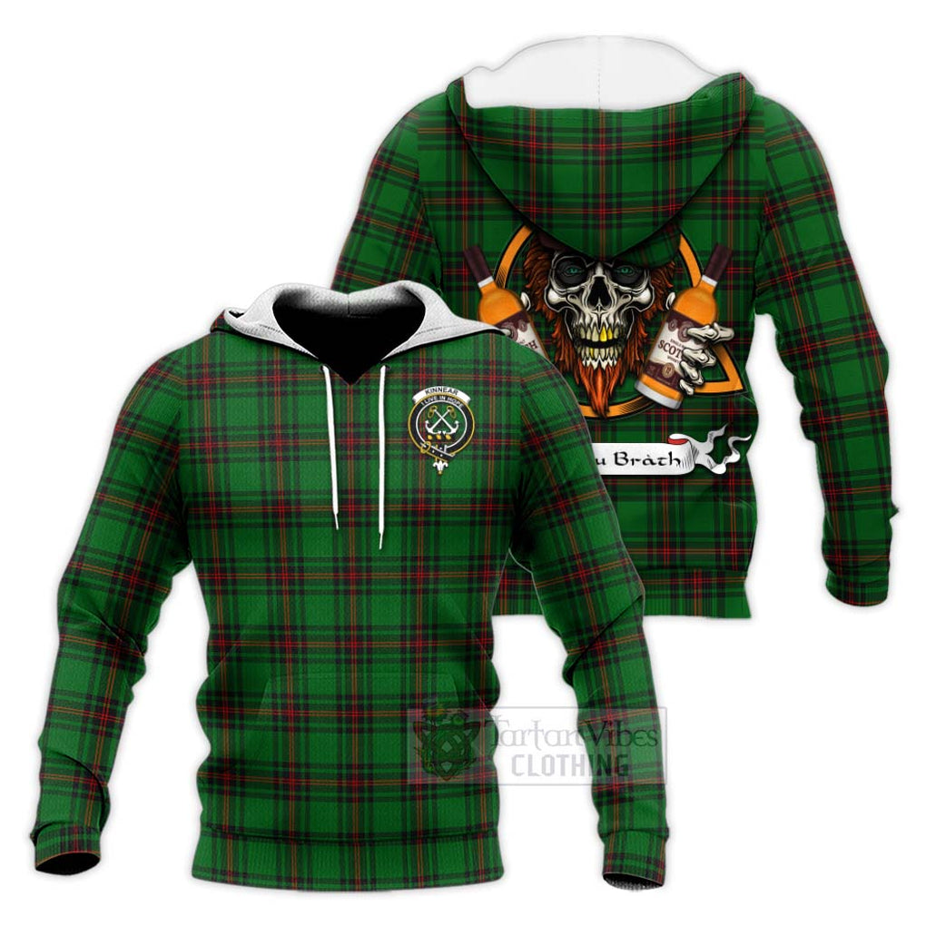 Tartan Vibes Clothing Kinnear Tartan Knitted Hoodie with Family Crest and Bearded Skull Holding Bottles of Whiskey