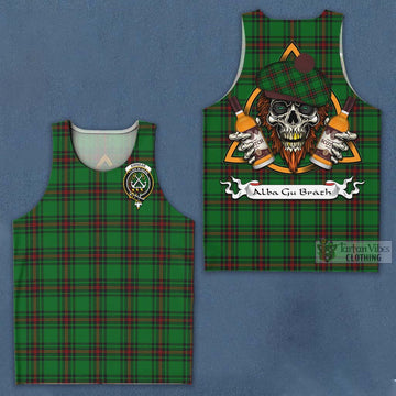 Kinnear Tartan Men's Tank Top with Family Crest and Bearded Skull Holding Bottles of Whiskey