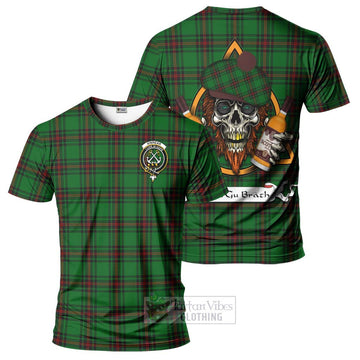 Kinnear Tartan T-Shirt with Family Crest and Bearded Skull Holding Bottles of Whiskey