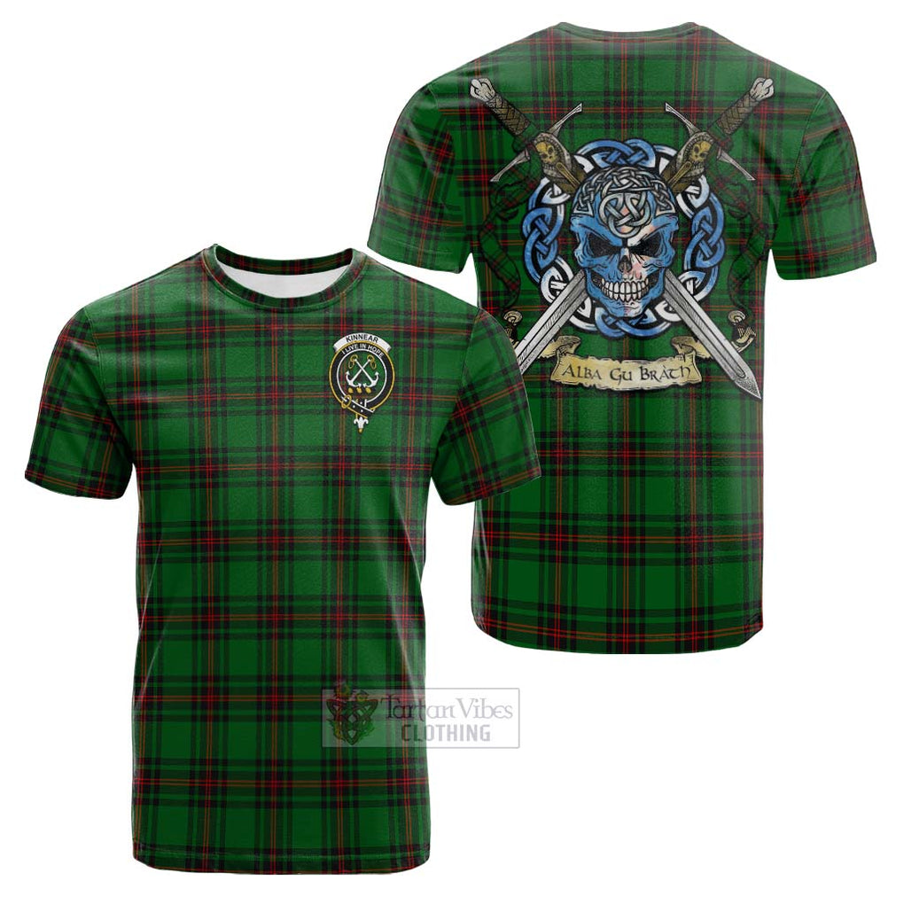 Tartan Vibes Clothing Kinnear Tartan Cotton T-shirt with Family Crest Celtic Skull Style