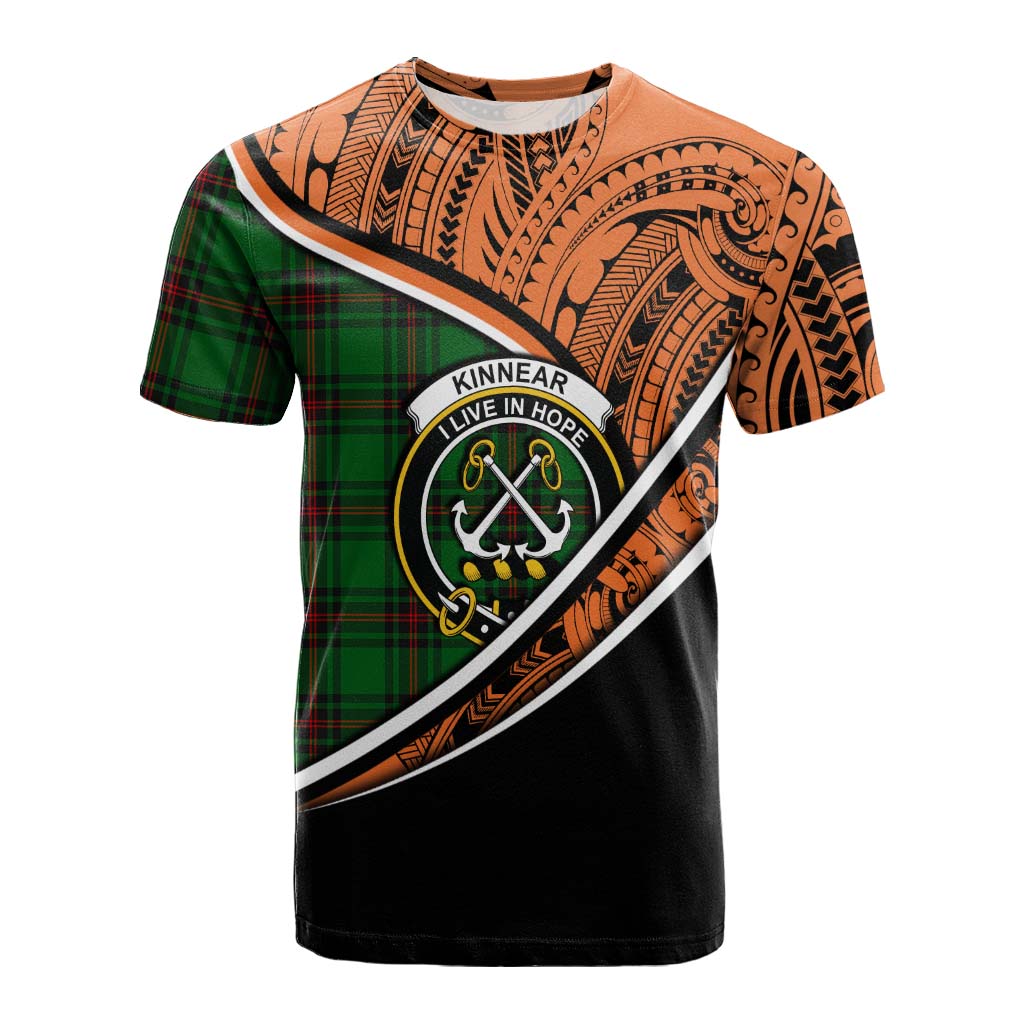 Tartan Vibes Clothing Kinnear Crest Tartan Cotton T-shirt with Maori Tattoo Style - Orange Version