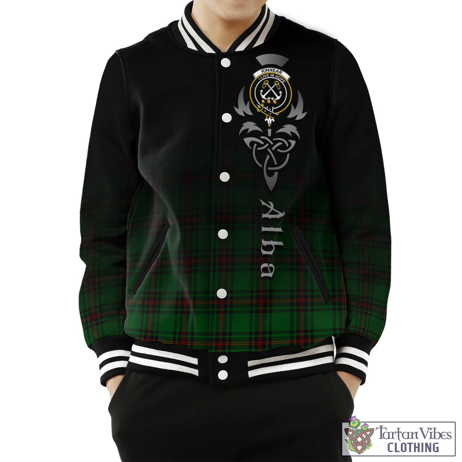 Tartan Vibes Clothing Kinnear Tartan Baseball Jacket Featuring Alba Gu Brath Family Crest Celtic Inspired