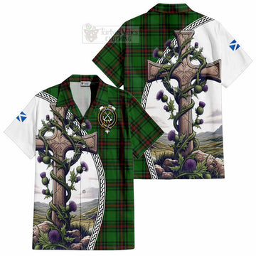 Kinnear Tartan Short Sleeve Button Shirt with Family Crest and St. Andrew's Cross Accented by Thistle Vines