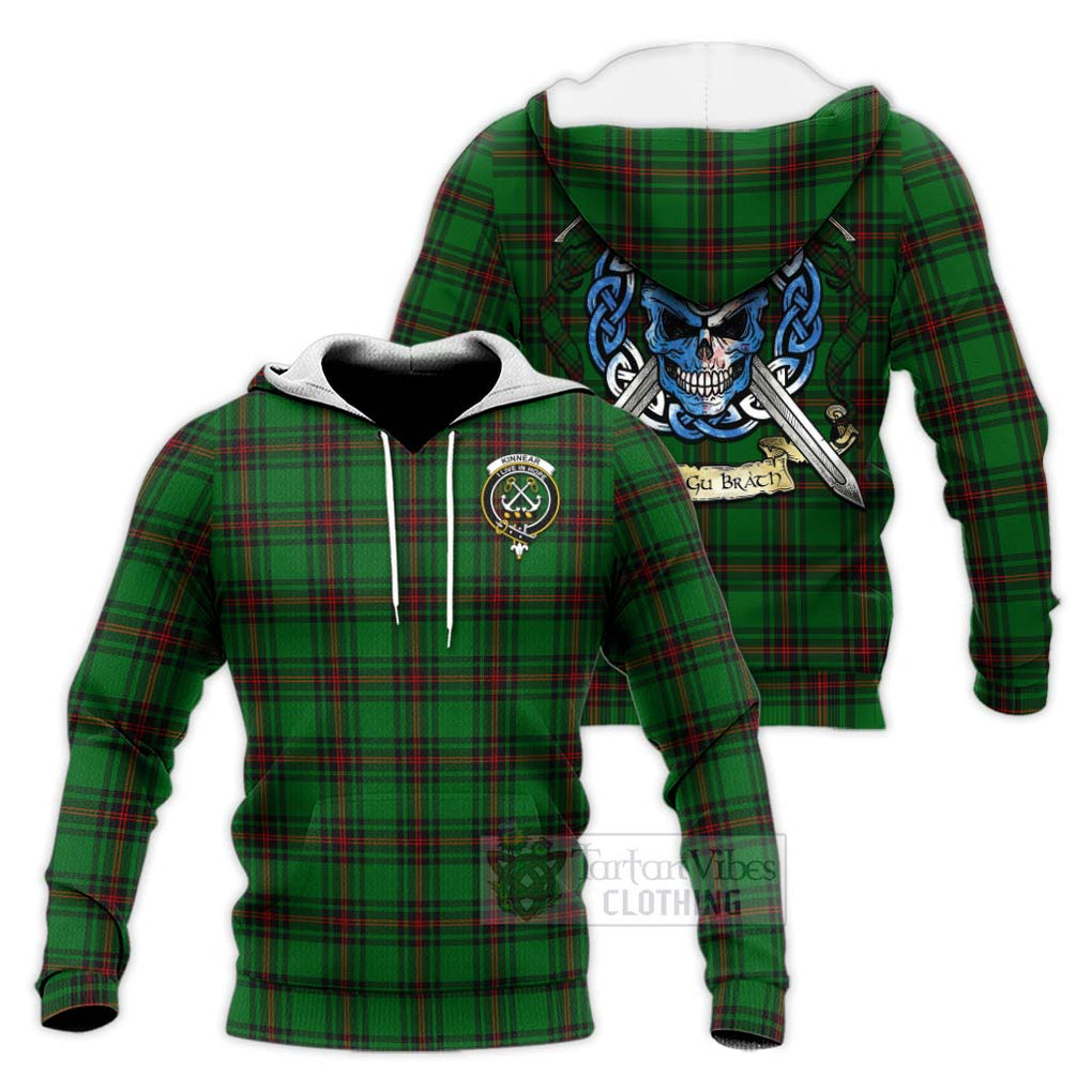 Tartan Vibes Clothing Kinnear Tartan Knitted Hoodie with Family Crest Celtic Skull Style