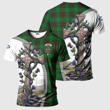 Kinnear Tartan T-Shirt with Family Crest and St. Andrew's Cross Accented by Thistle Vines