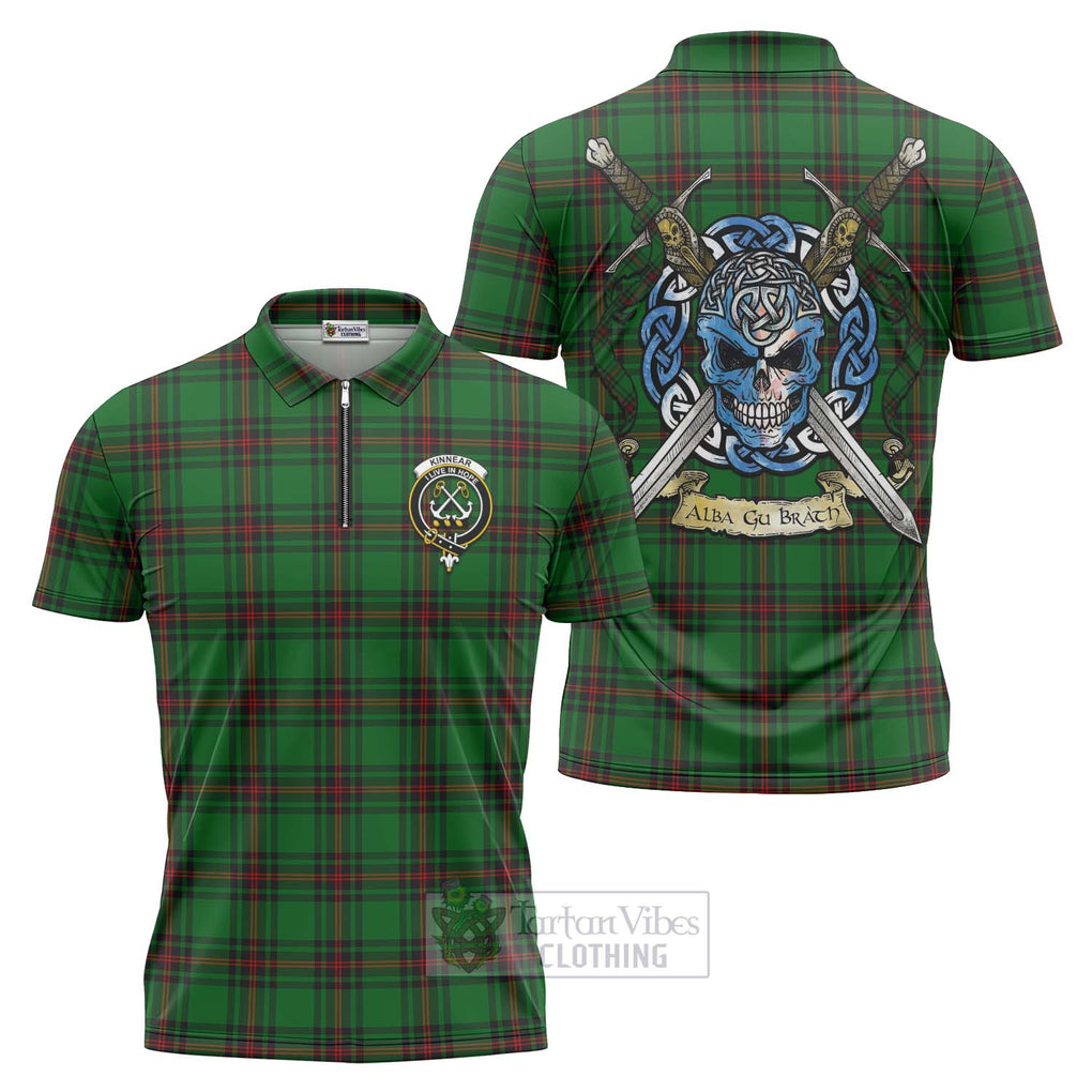 Tartan Vibes Clothing Kinnear Tartan Zipper Polo Shirt with Family Crest Celtic Skull Style