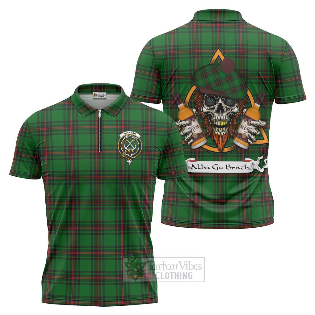 Tartan Vibes Clothing Kinnear Tartan Zipper Polo Shirt with Family Crest and Bearded Skull Holding Bottles of Whiskey