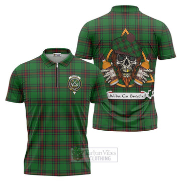 Kinnear Tartan Zipper Polo Shirt with Family Crest and Bearded Skull Holding Bottles of Whiskey