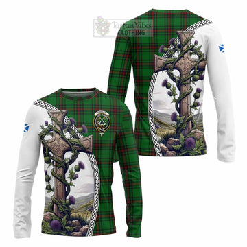 Kinnear Tartan Long Sleeve T-Shirt with Family Crest and St. Andrew's Cross Accented by Thistle Vines