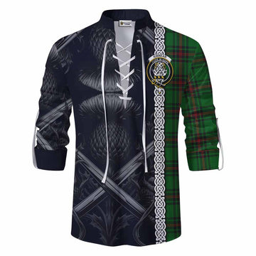 Kinnear Tartan Ghillie Kilt Shirt with Family Crest Cross Sword Thistle Celtic Vibes Men - Tartan Vibes Clothing