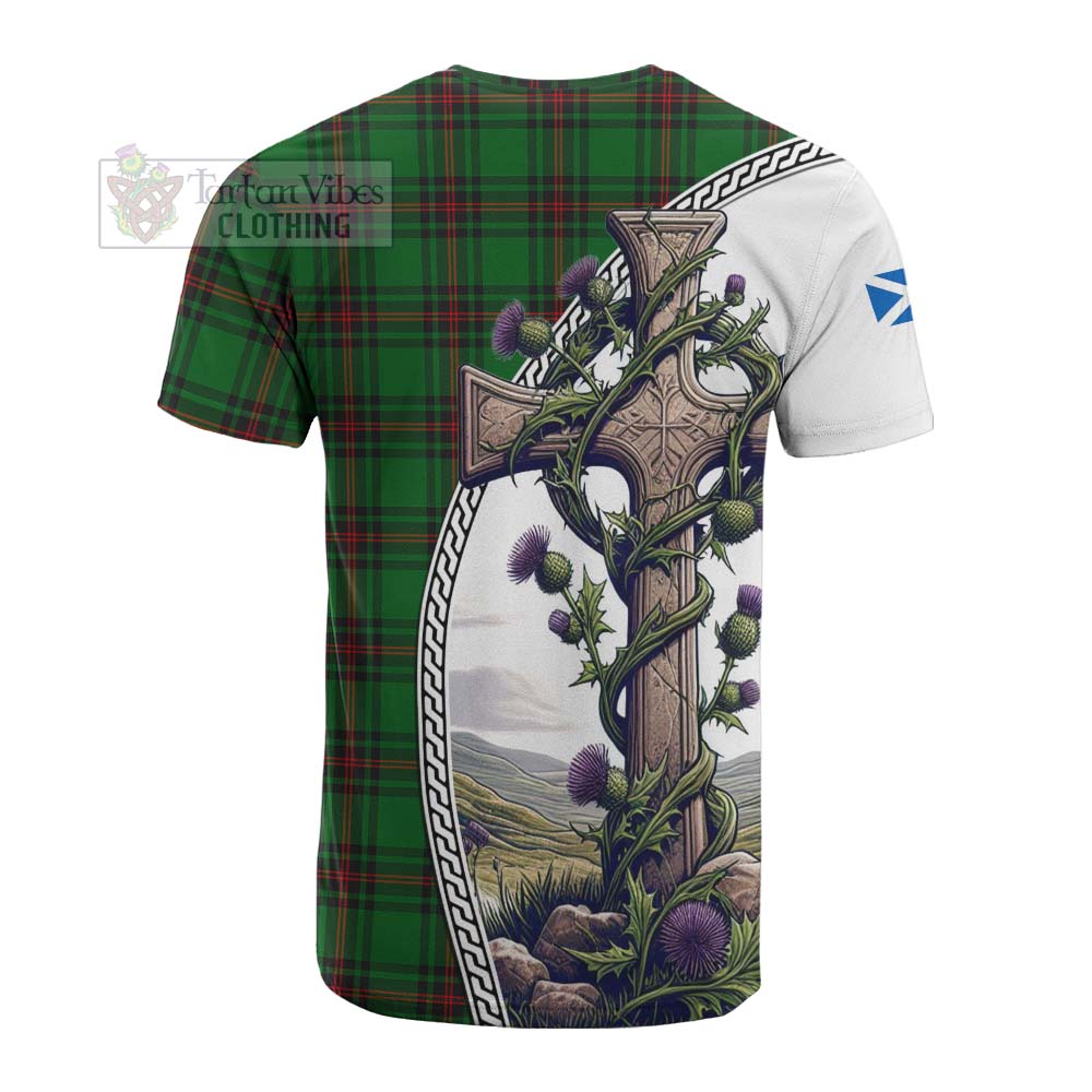 Tartan Vibes Clothing Kinnear Tartan Cotton T-shirt with Family Crest and St. Andrew's Cross Accented by Thistle Vines