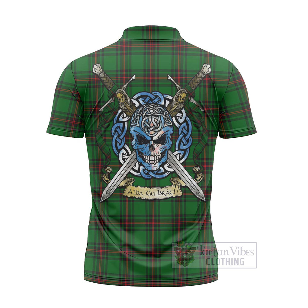 Tartan Vibes Clothing Kinnear Tartan Zipper Polo Shirt with Family Crest Celtic Skull Style