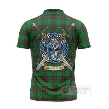 Kinnear Tartan Zipper Polo Shirt with Family Crest Celtic Skull Style