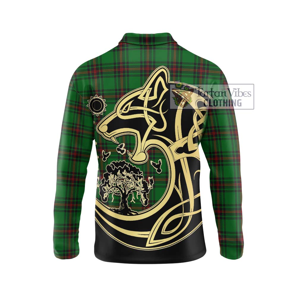 Kinnear Tartan Long Sleeve Polo Shirt with Family Crest Celtic Wolf Style - Tartanvibesclothing Shop