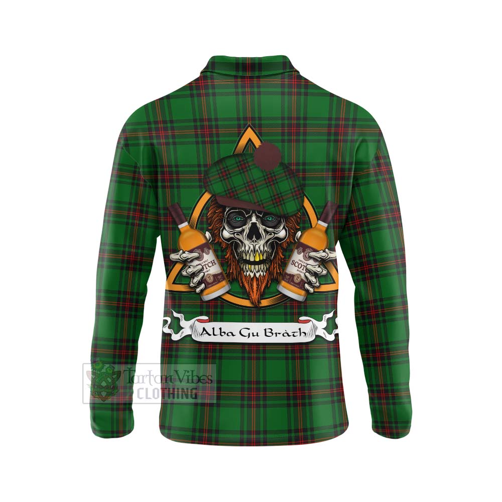 Tartan Vibes Clothing Kinnear Tartan Long Sleeve Polo Shirt with Family Crest and Bearded Skull Holding Bottles of Whiskey