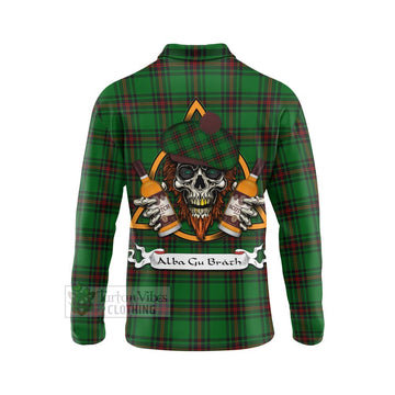 Kinnear Tartan Long Sleeve Polo Shirt with Family Crest and Bearded Skull Holding Bottles of Whiskey