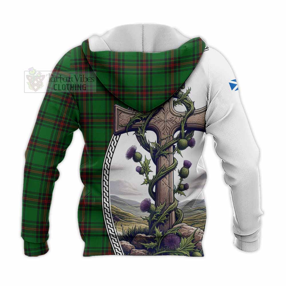 Tartan Vibes Clothing Kinnear Tartan Knitted Hoodie with Family Crest and St. Andrew's Cross Accented by Thistle Vines