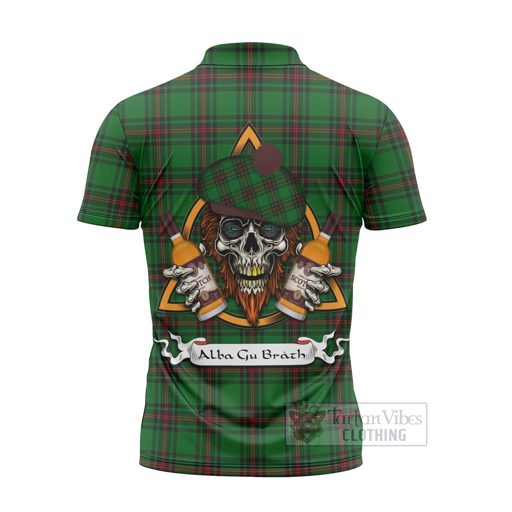 Tartan Vibes Clothing Kinnear Tartan Zipper Polo Shirt with Family Crest and Bearded Skull Holding Bottles of Whiskey