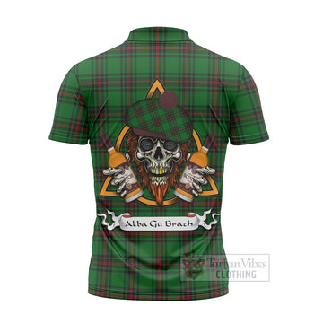 Kinnear Tartan Zipper Polo Shirt with Family Crest and Bearded Skull Holding Bottles of Whiskey