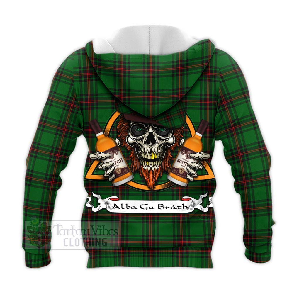 Tartan Vibes Clothing Kinnear Tartan Knitted Hoodie with Family Crest and Bearded Skull Holding Bottles of Whiskey