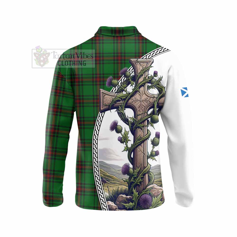 Tartan Vibes Clothing Kinnear Tartan Long Sleeve Polo Shirt with Family Crest and St. Andrew's Cross Accented by Thistle Vines