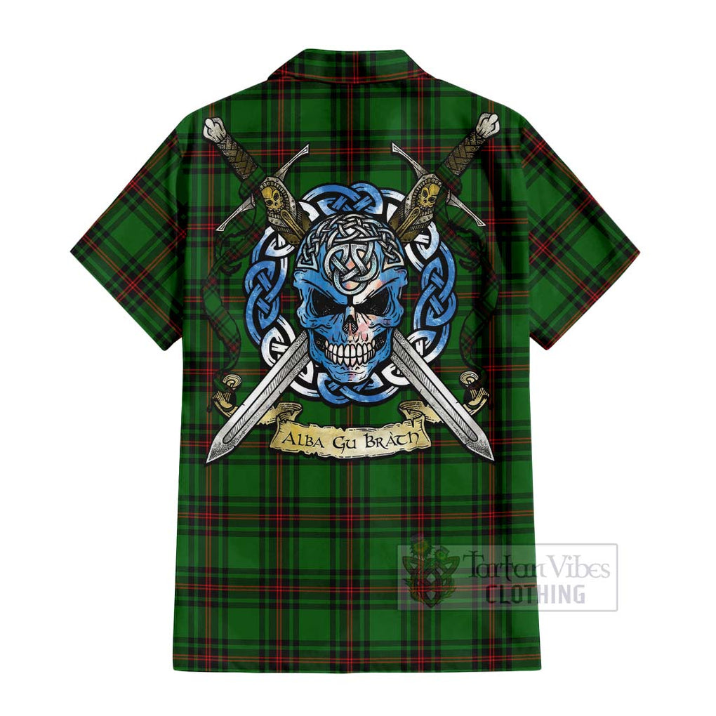 Tartan Vibes Clothing Kinnear Tartan Short Sleeve Button Shirt with Family Crest Celtic Skull Style