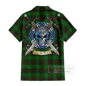 Kinnear Tartan Short Sleeve Button Shirt with Family Crest Celtic Skull Style