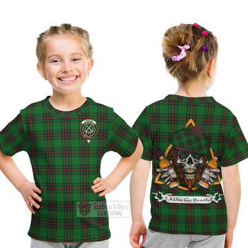 Kinnear Tartan Kid T-Shirt with Family Crest and Bearded Skull Holding Bottles of Whiskey - Tartan Vibes Clothing