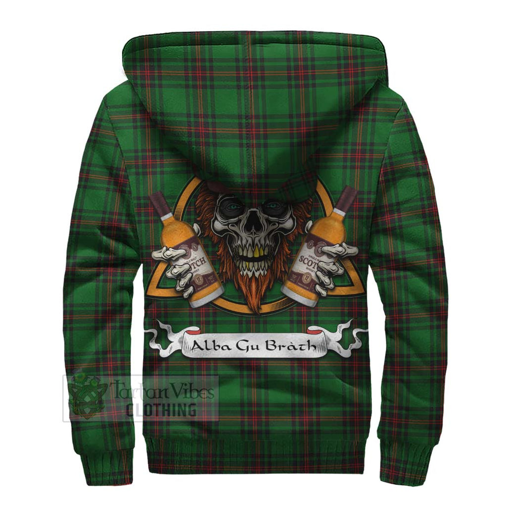 Tartan Vibes Clothing Kinnear Tartan Sherpa Hoodie with Family Crest and Bearded Skull Holding Bottles of Whiskey