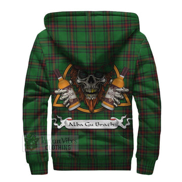 Kinnear Tartan Sherpa Hoodie with Family Crest and Bearded Skull Holding Bottles of Whiskey