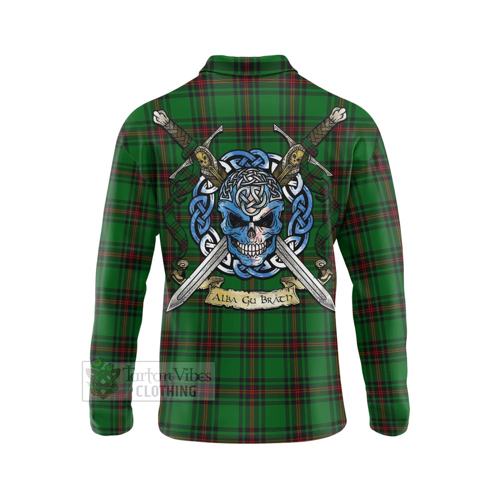 Tartan Vibes Clothing Kinnear Tartan Long Sleeve Polo Shirt with Family Crest Celtic Skull Style