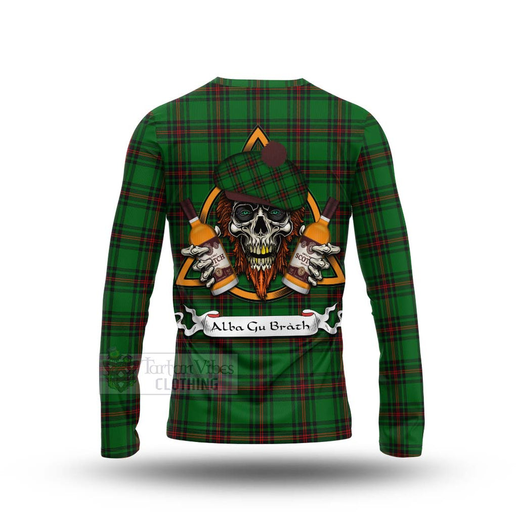 Tartan Vibes Clothing Kinnear Tartan Long Sleeve T-Shirt with Family Crest and Bearded Skull Holding Bottles of Whiskey