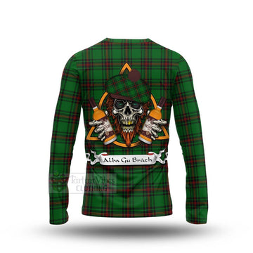 Kinnear Tartan Long Sleeve T-Shirt with Family Crest and Bearded Skull Holding Bottles of Whiskey