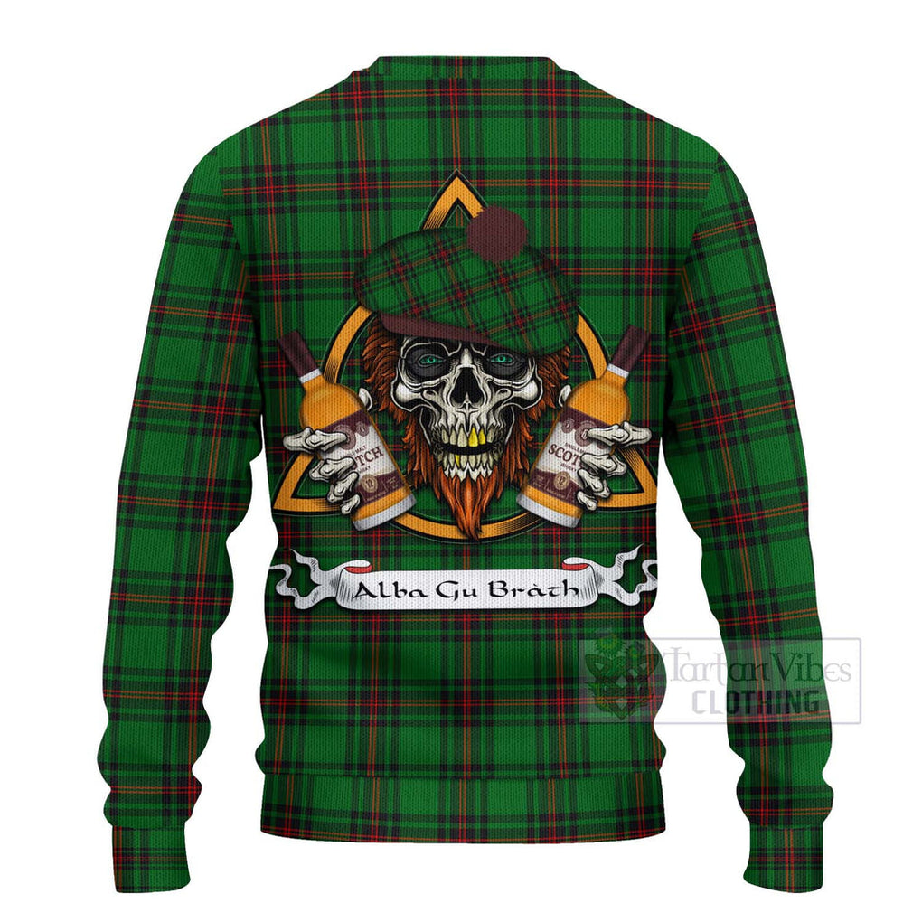 Tartan Vibes Clothing Kinnear Tartan Knitted Sweater with Family Crest and Bearded Skull Holding Bottles of Whiskey