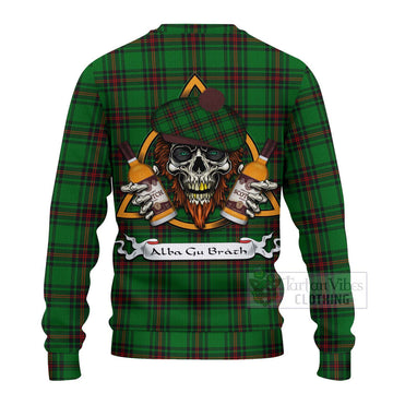 Kinnear Tartan Ugly Sweater with Family Crest and Bearded Skull Holding Bottles of Whiskey