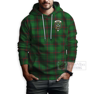 Kinnear Tartan Hoodie with Family Crest and Bearded Skull Holding Bottles of Whiskey