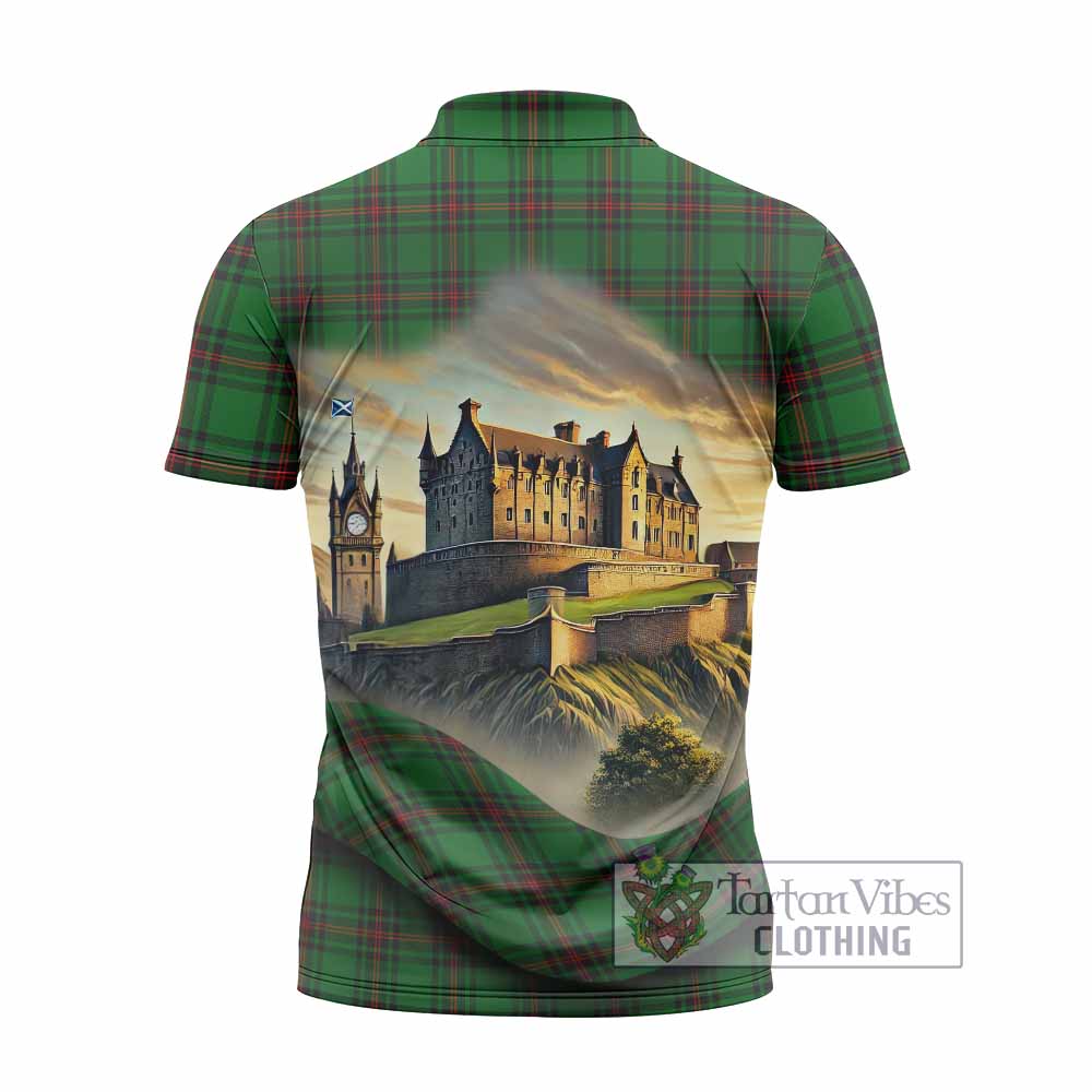 Kinnear Tartan Family Crest Zipper Polo Shirt with Scottish Ancient Castle Style - Tartan Vibes Clothing