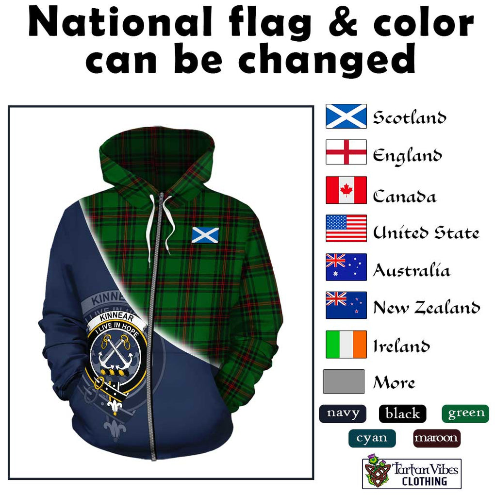 Kinnear Tartan Hoodie with Personalised National Flag and Family Crest Half Style - Tartanvibesclothing Shop