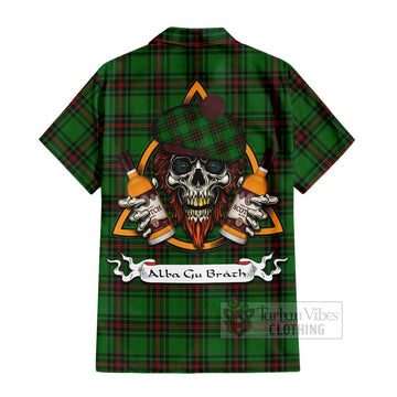 Kinnear Tartan Short Sleeve Button Shirt with Family Crest and Bearded Skull Holding Bottles of Whiskey