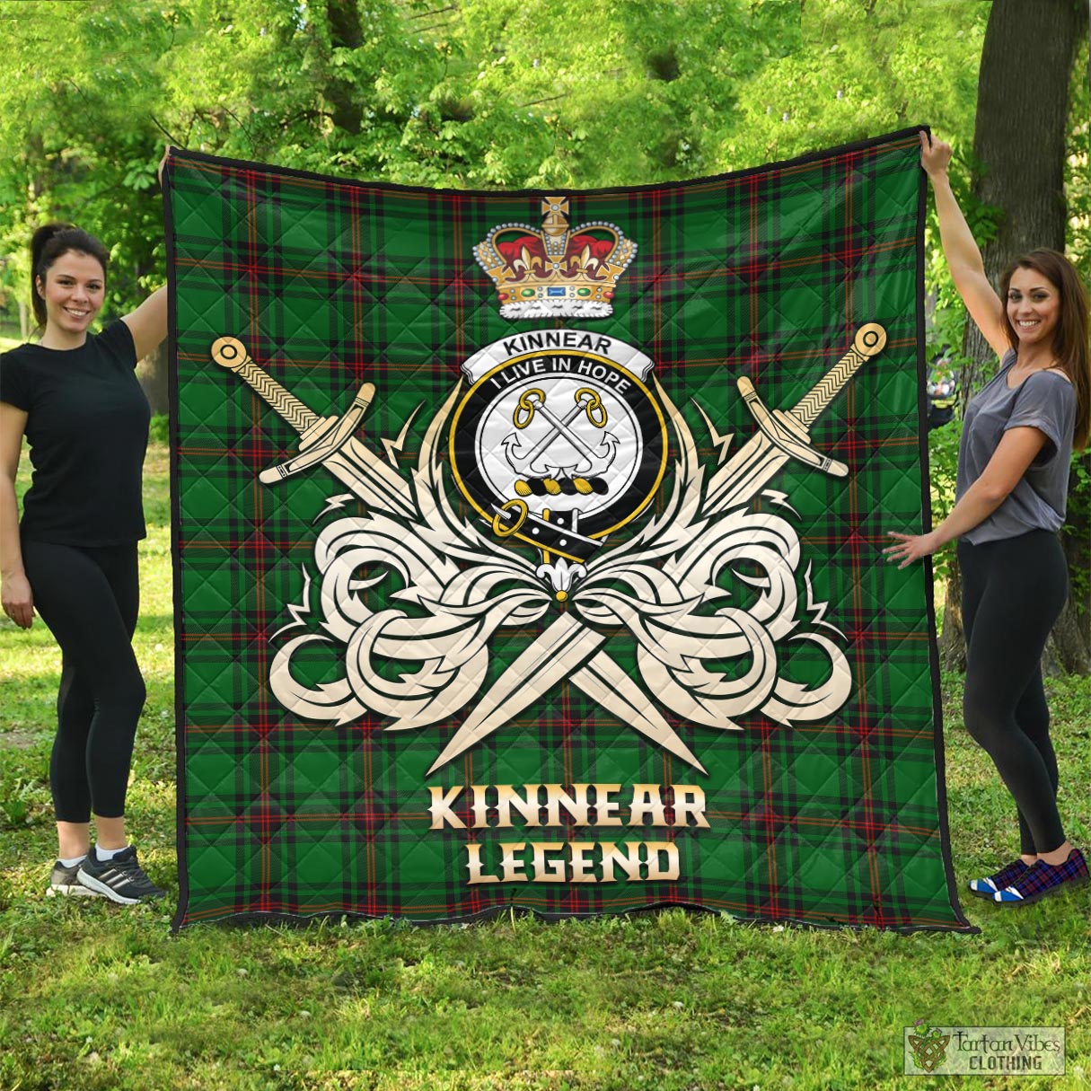 Tartan Vibes Clothing Kinnear Tartan Quilt with Clan Crest and the Golden Sword of Courageous Legacy