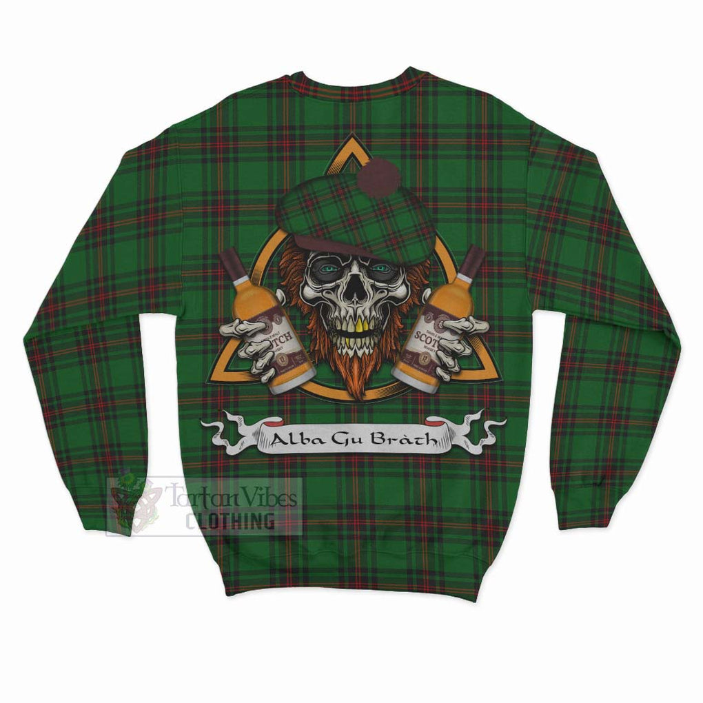 Tartan Vibes Clothing Kinnear Tartan Sweatshirt with Family Crest and Bearded Skull Holding Bottles of Whiskey