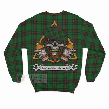 Kinnear Tartan Sweatshirt with Family Crest and Bearded Skull Holding Bottles of Whiskey