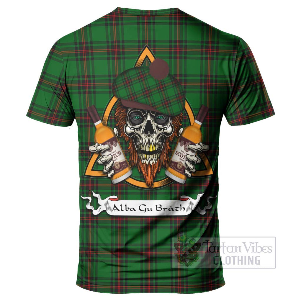 Tartan Vibes Clothing Kinnear Tartan T-Shirt with Family Crest and Bearded Skull Holding Bottles of Whiskey