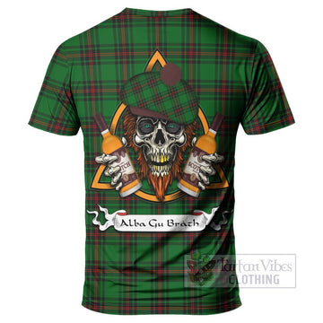 Kinnear Tartan T-Shirt with Family Crest and Bearded Skull Holding Bottles of Whiskey