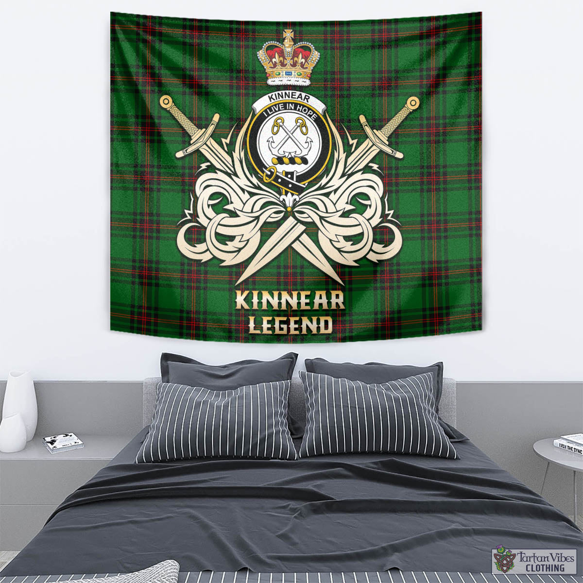 Tartan Vibes Clothing Kinnear Tartan Tapestry with Clan Crest and the Golden Sword of Courageous Legacy