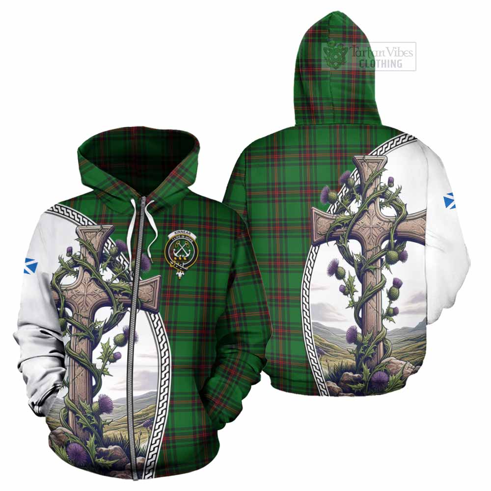 Tartan Vibes Clothing Kinnear Tartan Hoodie with Family Crest and St. Andrew's Cross Accented by Thistle Vines