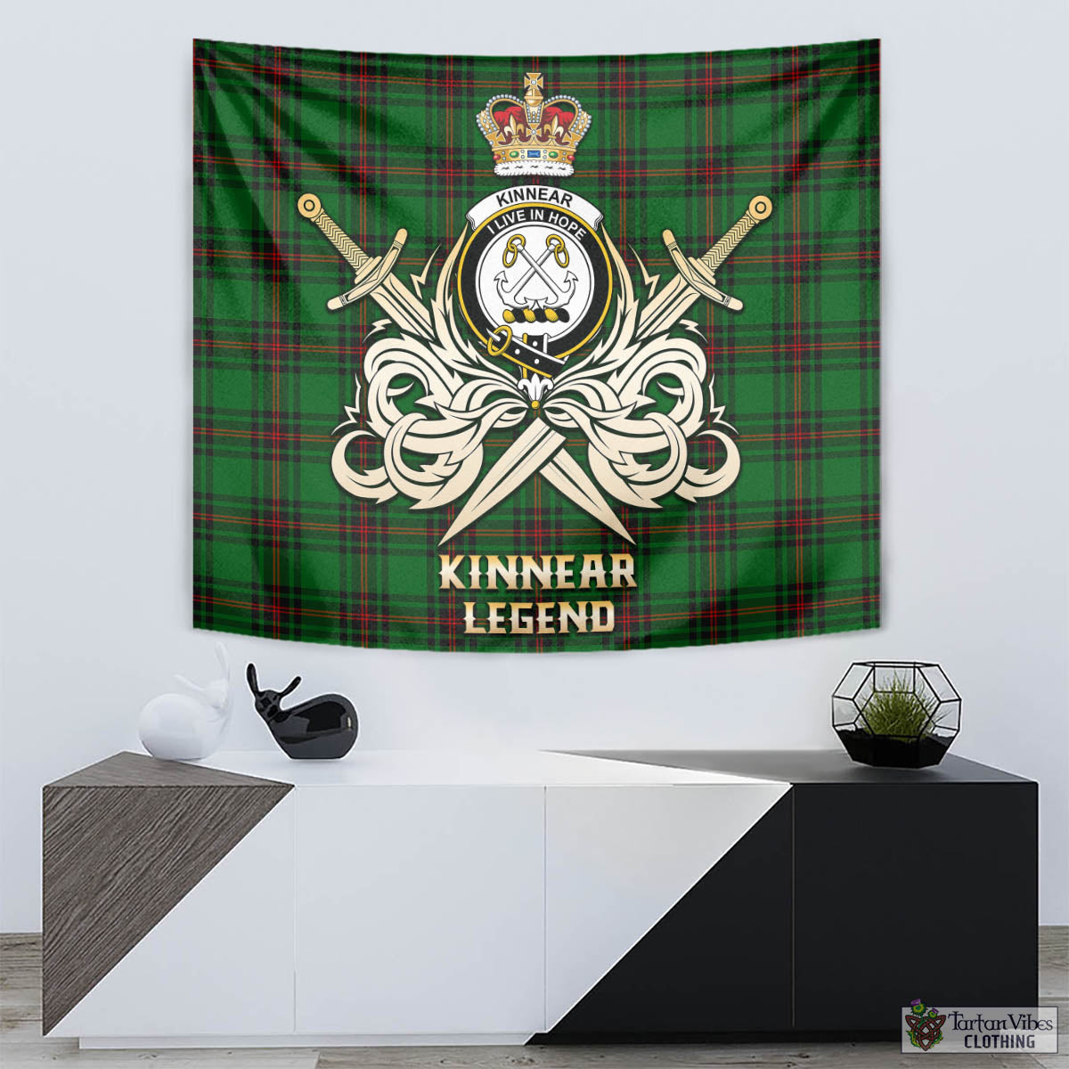 Tartan Vibes Clothing Kinnear Tartan Tapestry with Clan Crest and the Golden Sword of Courageous Legacy