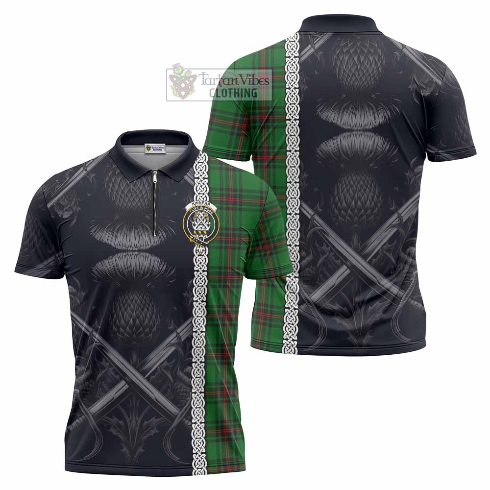 Tartan Vibes Clothing Kinnear Tartan Zipper Polo Shirt with Family Crest Cross Sword Thistle Celtic Vibes