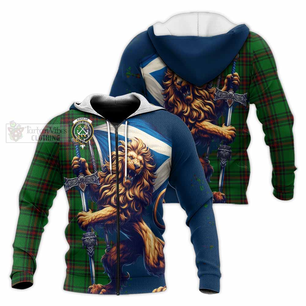 Tartan Vibes Clothing Kinnear Tartan Family Crest Knitted Hoodie with Scottish Majestic Lion