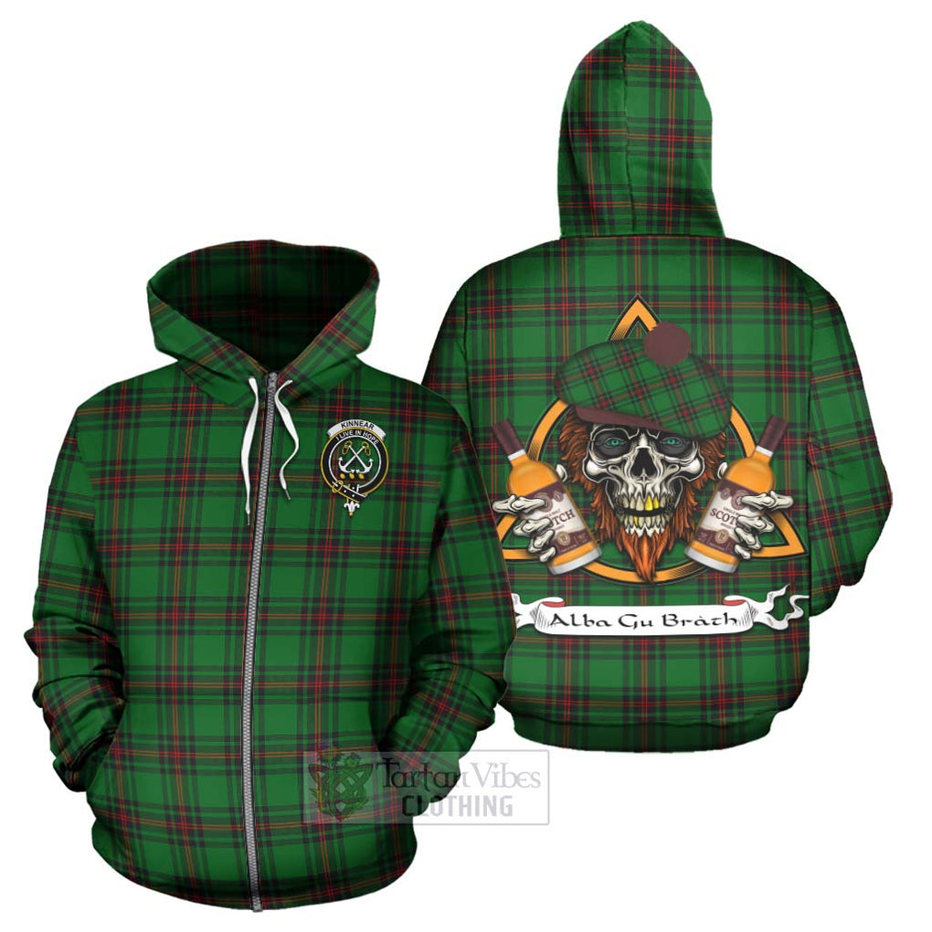 Tartan Vibes Clothing Kinnear Tartan Hoodie with Family Crest and Bearded Skull Holding Bottles of Whiskey